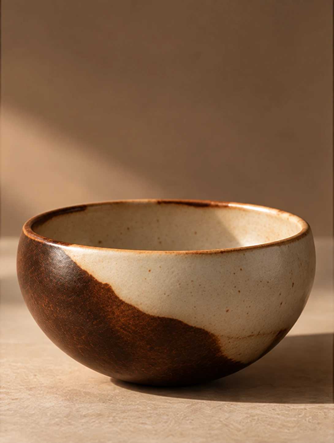 Round bowl, in cream and brown glaze