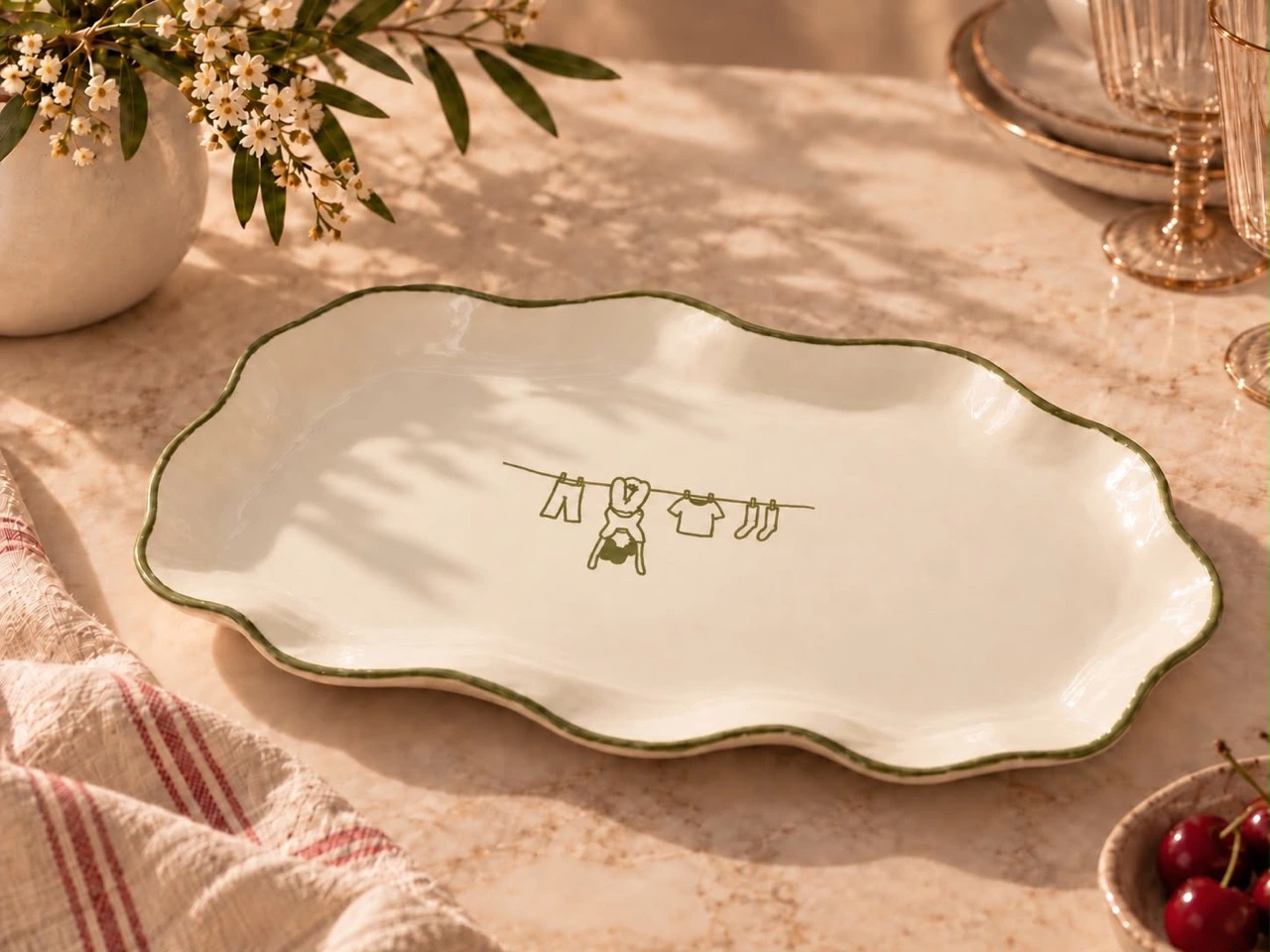 Olive-green rim platter with a clothesline drawing in warm sunlight