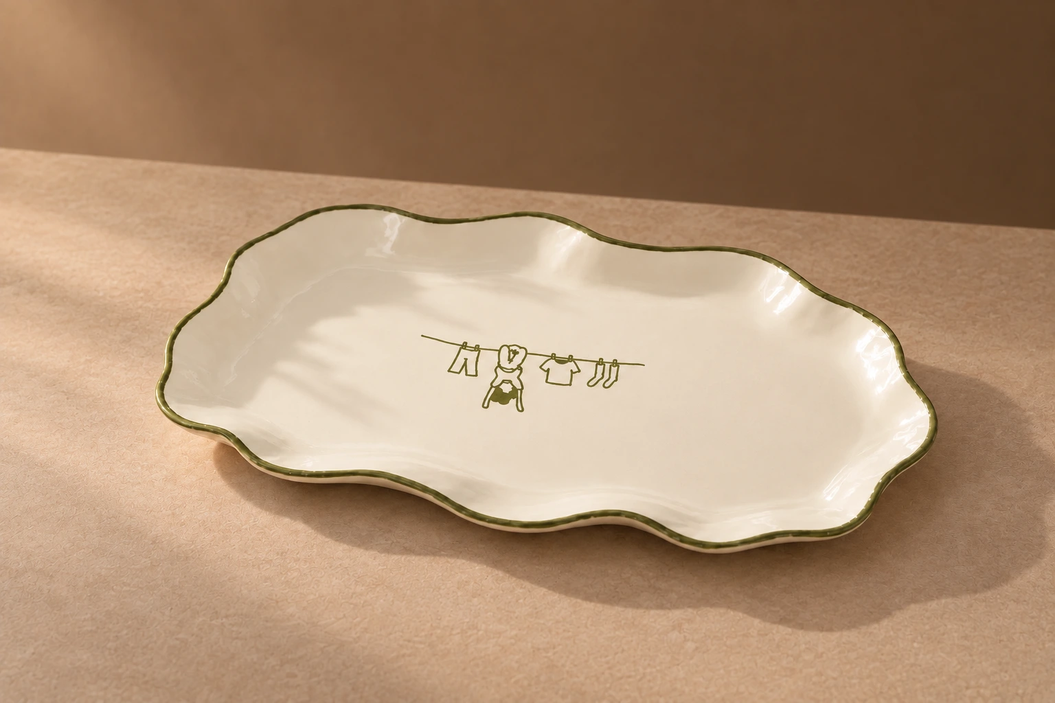 Cream scalloped platter with an olive-green rim and clothesline illustration