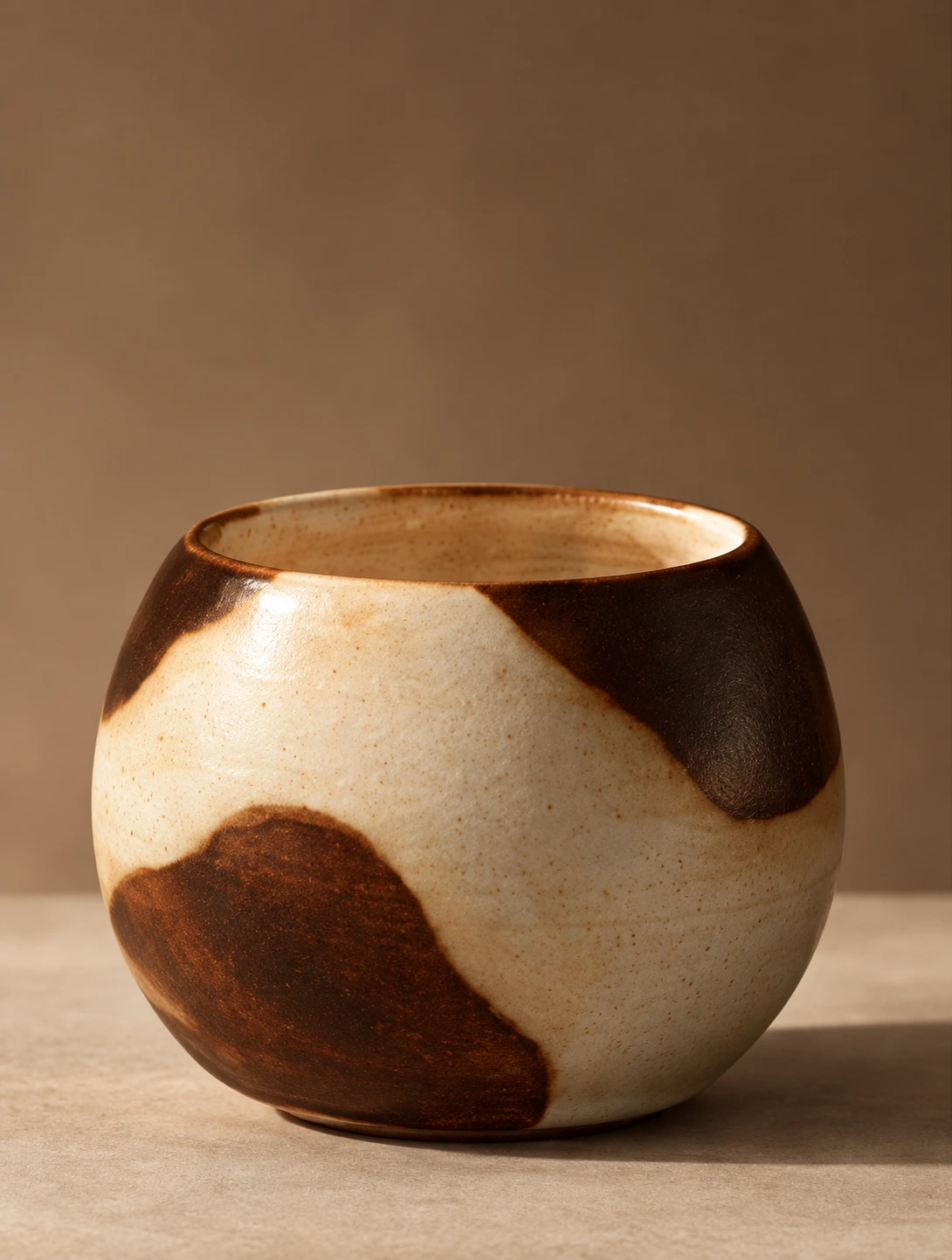 Rounded cup, in cream and brown glaze