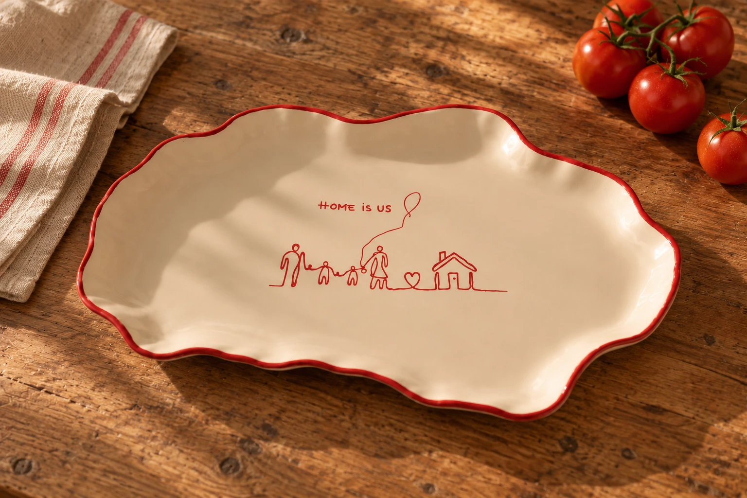 Red-rim platter on a warm wood table