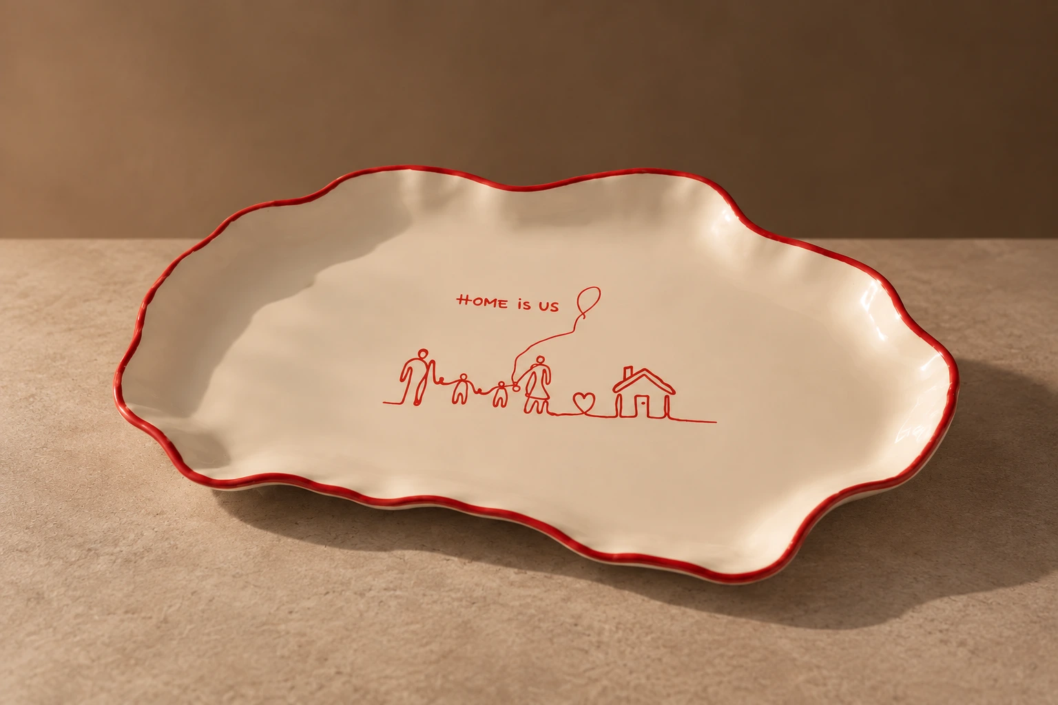 Cream platter with a wavy red rim and a red family and home illustration